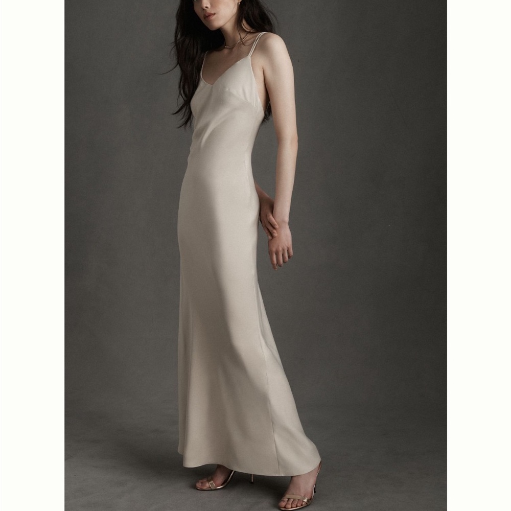 NWT BHLDN Anthropologie Cream White Champagne Satin Charlie Slip Maxi Dress Gown